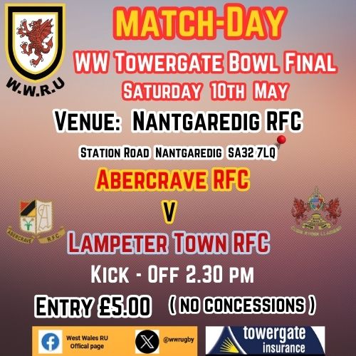 West Wales Rugby Union (@wwrugby) on Twitter photo MATCHDAY <a href="/wwrugby/">West Wales Rugby Union</a> MATCHDAY
"Towergate" Bowl Final Saturday 10th May in <a href="/NantgaredigRFC/">Nantgaredig RFC</a> Kick-Off 2.30 pm 🏉
<a href="/AllWalesSport/">All Wales Sport</a> <a href="/LampeterTownRFC/">Lampeter Town RFC</a>
<a href="/AbercraveRFC/">Abercrave RFC</a> <a href="/TowergateWales/">Towergate Wales</a> MATCHDAY <a href="/wwrugby/">West Wales Rugby Union</a> MATCHDAY
"Towergate" Bowl Final Saturday 10th May in <a href="/NantgaredigRFC/">Nantgaredig RFC</a> Kick-Off 2.30 pm 🏉
<a href="/AllWalesSport/">All Wales Sport</a> <a href="/LampeterTownRFC/">Lampeter Town RFC</a>
<a href="/AbercraveRFC/">Abercrave RFC</a> <a href="/TowergateWales/">Towergate Wales</a>