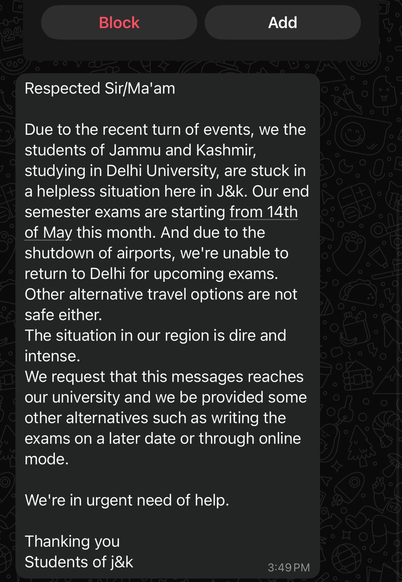 Danish Bhat (@danish_bhat_) on Twitter photo Received this message from DU students from J&K who are stranded due to airport closure amid the ongoing situation. With their final semester exams starting on the 14th, theyāre requesting intervention from the J&K government. Advisor to CM <a href="/nasirsogami/">Nasir Sogami</a> sahab, kindly assist. Received this message from DU students from J&K who are stranded due to airport closure amid the ongoing situation. With their final semester exams starting on the 14th, theyāre requesting intervention from the J&K government. Advisor to CM <a href="/nasirsogami/">Nasir Sogami</a> sahab, kindly assist.