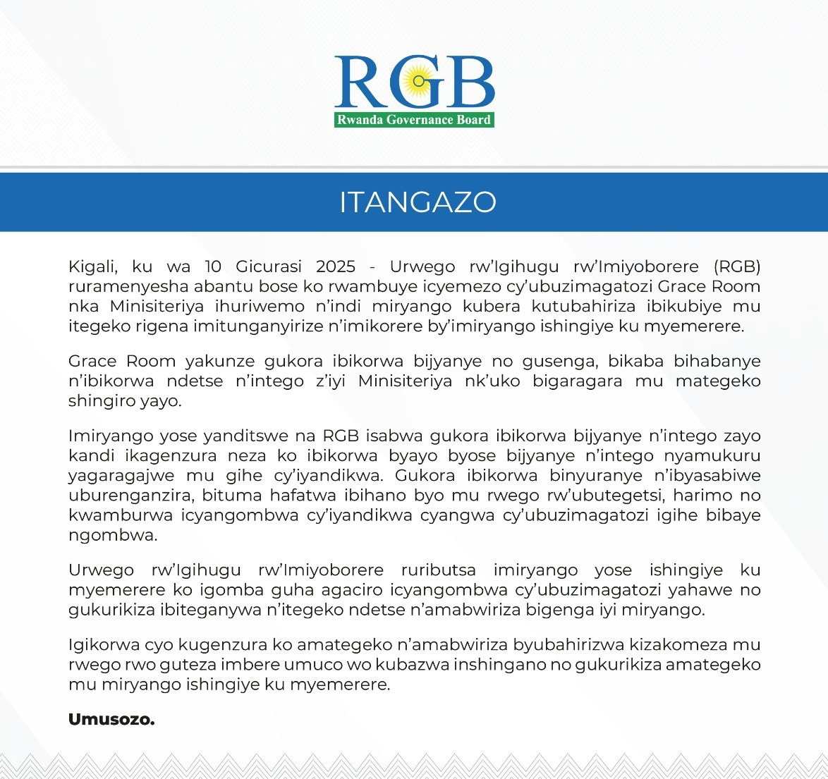 UR- RADIO SALUS (@radiosalus1) on Twitter photo Urwego rwβIgihugu rw'Imiyoborere <a href="/GovernanceRw/">Rwanda Gov Board</a>, rwambuye icyangombwa cyβubuzimagatozi Itorero Grace Room Ministries, riyoborwa na Pasiteri Julienne Kabanda, kubera kutubahiriza amategeko.
#SalusAmakuru Urwego rwβIgihugu rw'Imiyoborere <a href="/GovernanceRw/">Rwanda Gov Board</a>, rwambuye icyangombwa cyβubuzimagatozi Itorero Grace Room Ministries, riyoborwa na Pasiteri Julienne Kabanda, kubera kutubahiriza amategeko.
#SalusAmakuru