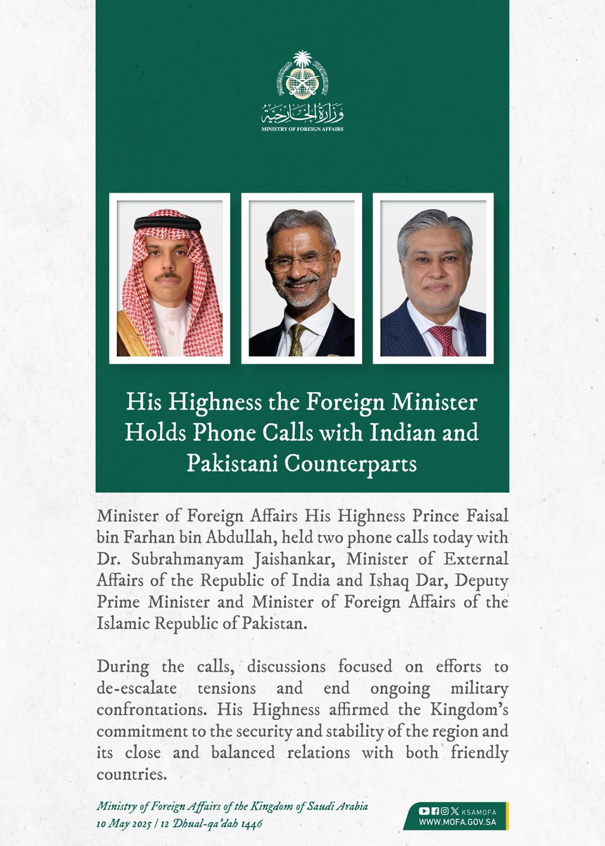 TransparencyJK's tweet photo. Saudi Arabia says FM Farhan spoke to Indian, Pakistani foreign ministers; called for de-escalation, end to military confrontation https://t.co/PWYPWq2M9r