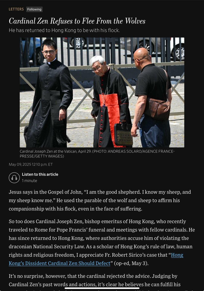 1/In prayers and solidarity I am sharing my thoughts on #CardinalZen’e bravery and faithful witness in rejecting calls for him to leave #HK where the government accuses him with the draconian national security law. Thanks #WSJ for publishing my oped: wsj.com/opinion/cardin…