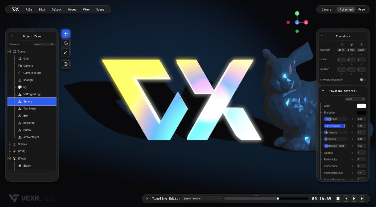 vexr_labs's tweet image. 🚀 First demo of VXEngine is live! A UI-based animation library built with React, React Three Fiber, and Three.js—making complex animations simpler and faster. Try it out: vxengine-demo.vercel.app