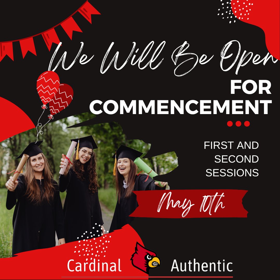 🆆🅴 🆆🅸🅻🅻 🅱🅴 🅾🅿🅴🅽:
Saturday May 10th for UofL Commencement.
Come celebrate your graduate with amazing UofL gear!
All items including NIL items are currently 𝟱𝟬% 𝗼𝗳𝗳 until May 31st.