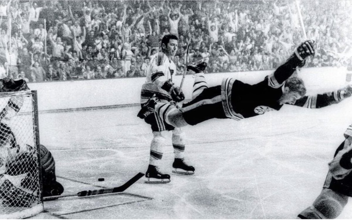 55 years ago today: Bobby Orr wins Stanley Cup for Bruins in sweep.

OT goal celebration is caught by Ray Lussier, a Boston Record-American photog, who gets a seat to shoot in OT when another man goes to get a beer.

By the time he returned,Orr had scored &amp; Lussier had his shot!
