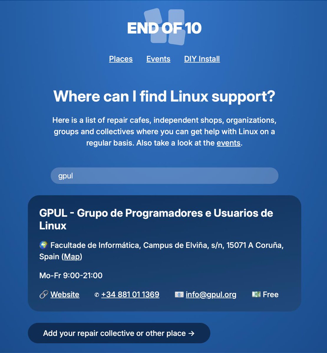 A solicitud de un socio, hemos añadido GPUL en: 

endof10.org/places/

¡Aprovechad para echarle un ojo y difundir la iniciativa!