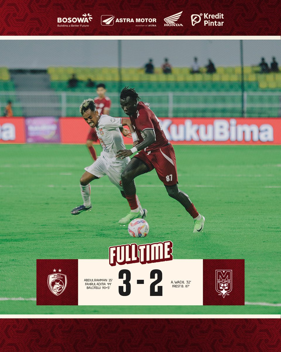 PSM_Makassar's tweet photo. Last minute goal dari Balotelli pastikan kita raup 3 poin sekaligus hentikan rekor tak terkalahkan Laskar Kie Raha dlm 13 laga terakhir 🔥

Kemenangan ini kami persembahkan untuk Yuran ♥️

Terima kasih atas doa &amp; dukungan ta' hari ini 🙏♥️

#EwakoPSM #PSMDAY #PSMvMALUT #BRILiga1 https://t.co/X6fdtaiWSZ