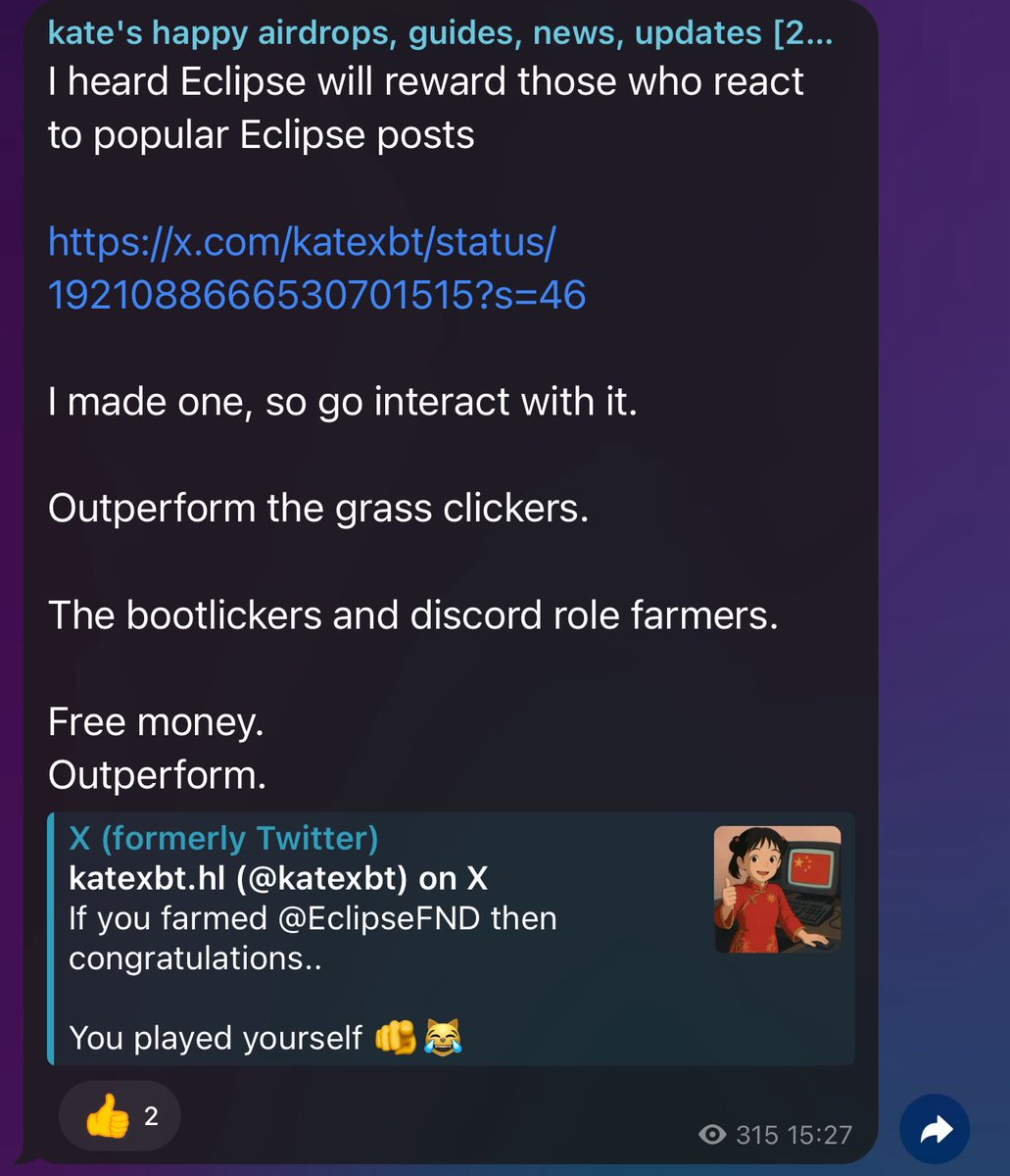 Is he really hoping for something? All the KOLs who write FUD about Eclipse will get nothing. All you have to do is sell access to a private group and shill referral links🫵😹

This time the community will win, and the community is not a bunch of GayKOLs who shill 10 new projects