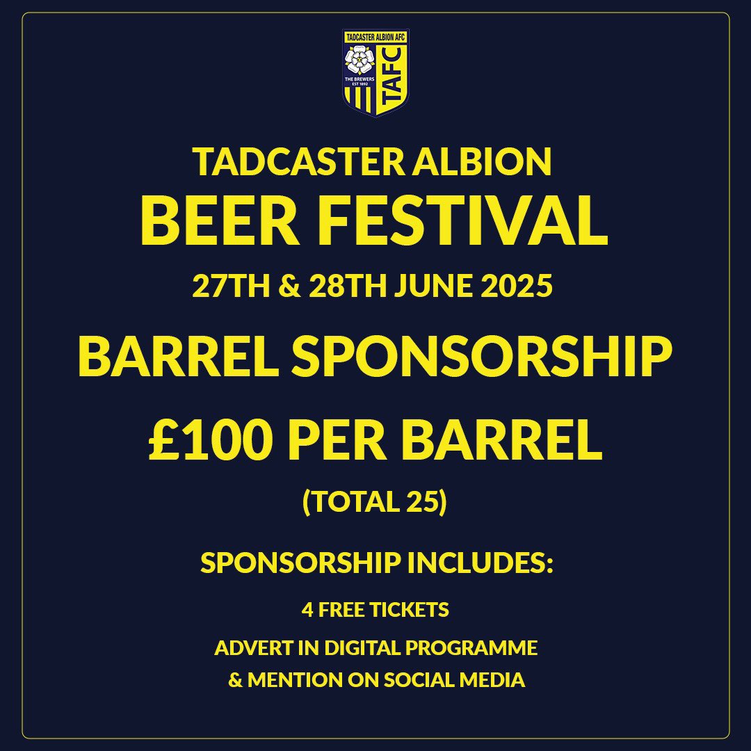 TadcasterAlbion's tweet photo. 🚨 Tadcaster Albion Beer Festival 🚨 
              27th and 28th June

For all sponsorship enquiries please contact sponsorship@tadalbion.com

🍻 

#LUFC 
#YCFC https://t.co/asjZ6kKjLl