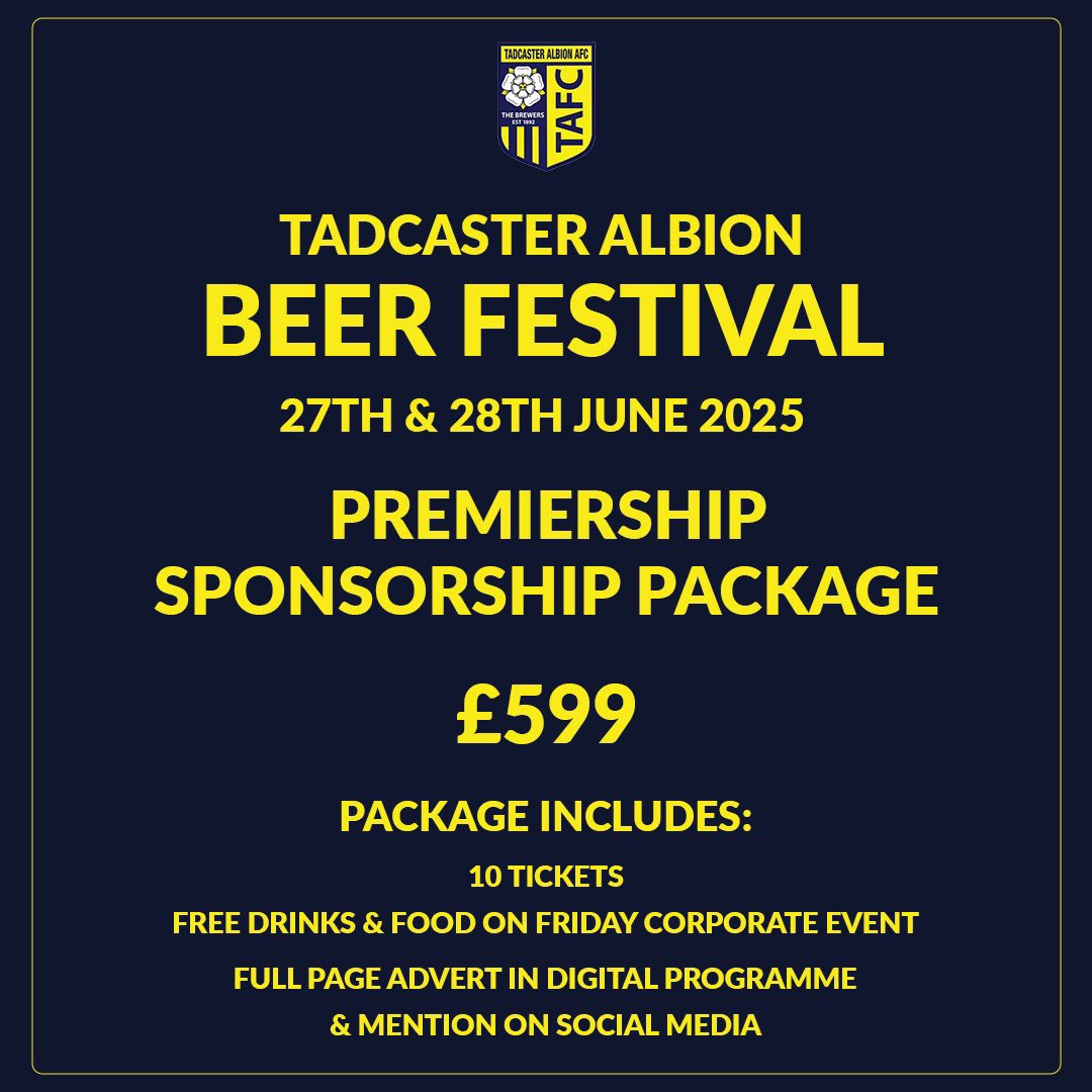 🚨 Tadcaster Albion Beer Festival 🚨 
              27th and 28th June

For all sponsorship enquiries please contact sponsorship@tadalbion.com

🍻 

#LUFC 
#YCFC