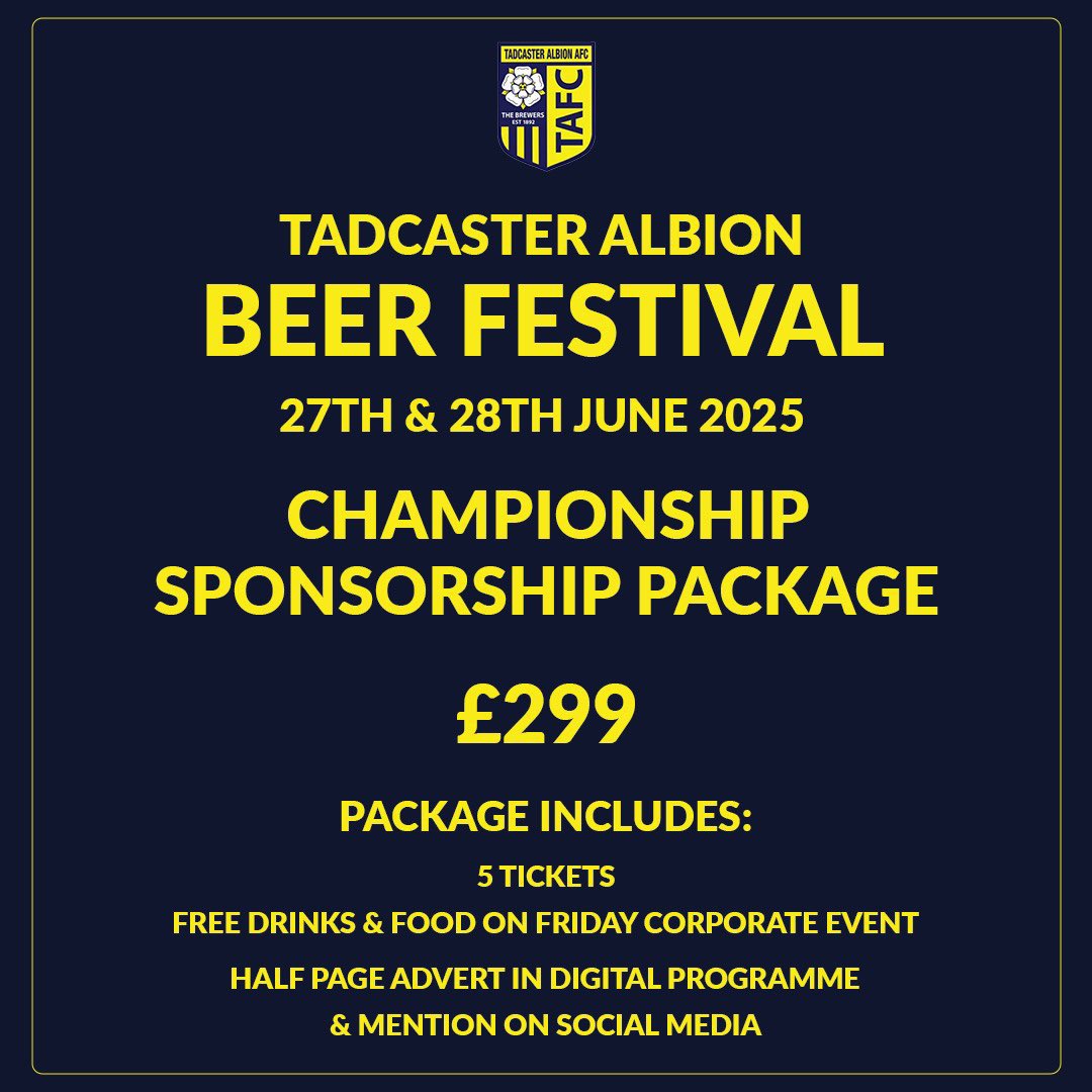 TadcasterAlbion's tweet photo. 🚨 Tadcaster Albion Beer Festival 🚨 
              27th and 28th June

For all sponsorship enquiries please contact sponsorship@tadalbion.com

🍻 

#LUFC 
#YCFC https://t.co/asjZ6kKjLl