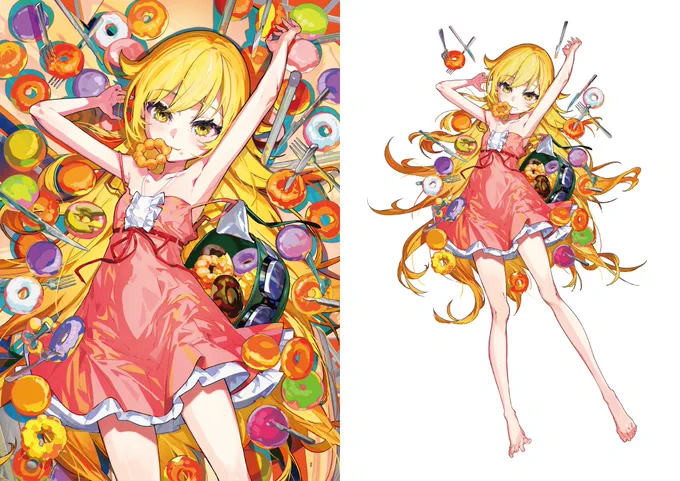 <物語>シリーズ × Mika Pikazo コラボイラスト画集を発行しました。A4 36P 表紙マットPP各キャラへの想いや制作のお話など詰め込んだインタビューも掲載しております。 
