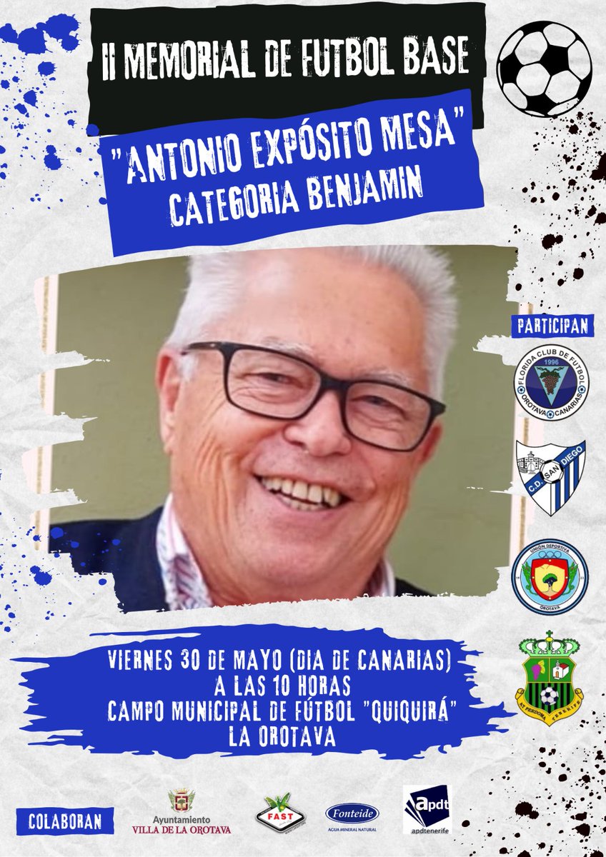 Este viernes fue presentado en La Orotava el II Memorial de Fútbol Antonio Expósito Mesa.
Participarán los clubes villeros UD Orotava, Atlético Perdoma, Florida Club de Fútbol y CD San Diego.

#apdtenerife #LaOrotava #DeporteBase #ValoresDelDeporte #AntonioExpósitoMesa #memorial
