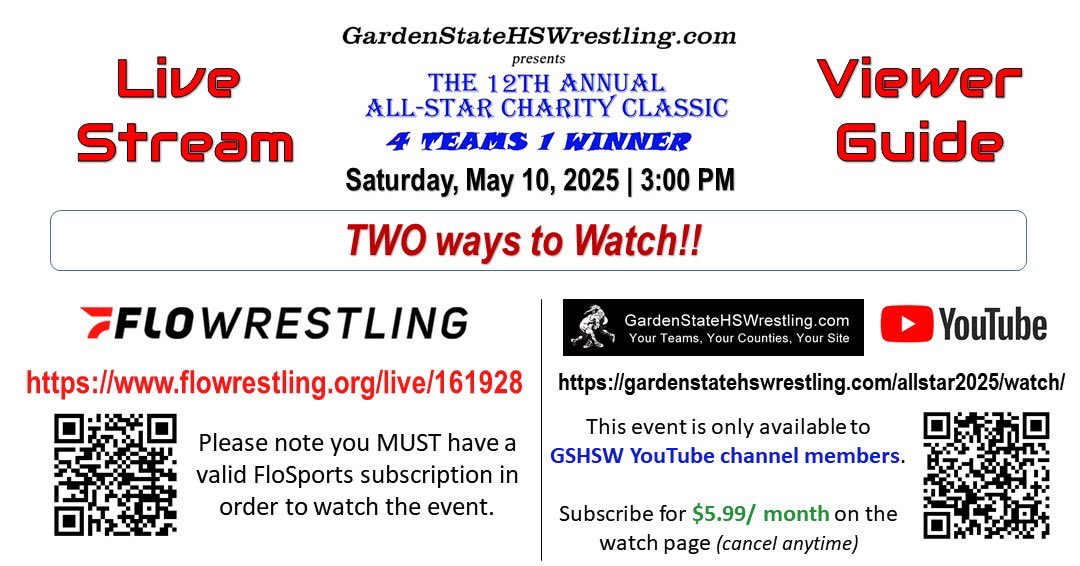 HOW TO WATCH the 12th Annual All Star Classic today at 3 PM. 

FloWrestling Link: flowrestling.org/live/161928

GSHSW YouTube Member Link* - gardenstatehswrestling.com/allstar2025/wa…

*- Become a channel member for $5.99/ month (cancel anytime) to get access to the stream. 

<a href="/the_gsan1/">Garden State Athletic Network</a> <a href="/FloWrestling/">FloWrestling</a>