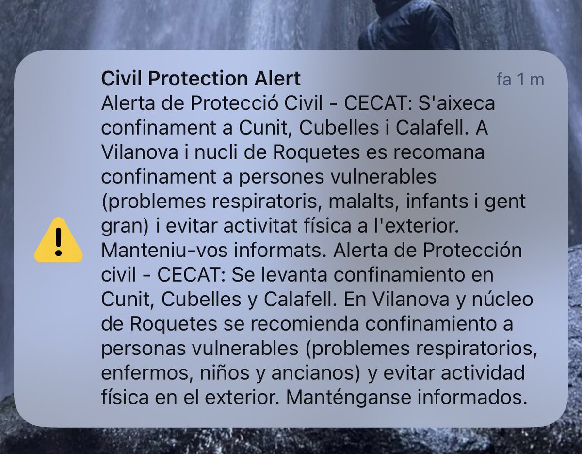 Oriol Alsina Anguís (@oriolalsina_) on Twitter photo ‼️Protecció civil acaba d’enviar l’alerta de desconfinament a Cunit, Cubelles i Calafell
A Vilanova i la Geltrú, Roquetes i Sant Pere de Ribes es recomana el confinament a persones vulnerables i evitar activitat física a l’exterior
<a href="/RTVECatalunya/">RTVE Catalunya</a> ‼️Protecció civil acaba d’enviar l’alerta de desconfinament a Cunit, Cubelles i Calafell
A Vilanova i la Geltrú, Roquetes i Sant Pere de Ribes es recomana el confinament a persones vulnerables i evitar activitat física a l’exterior
<a href="/RTVECatalunya/">RTVE Catalunya</a>
