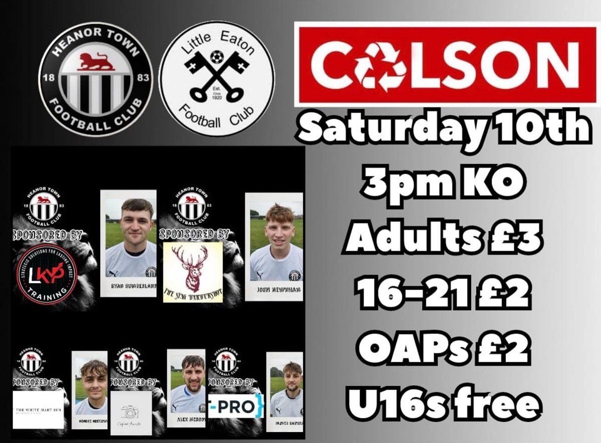 ⚽️LAST GAME OF THE SEASON

HEANOR TOWN U23’S
LITTLE EATON

📆Saturday
⌚️3pm
🏆League
🏟The Town Ground
📍DE75 7EN

🎟Adults £3
🎟Oap’s £2
🎟Ages 16 to 21  £2
🎟Kids £0 

🍺Bar Open
🍔Tea Bar Open
💷Cash Only Except For Bar

🏠BACK YOUR TOWN