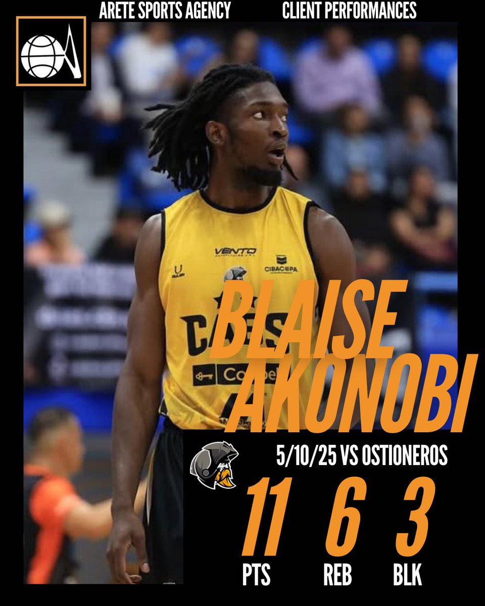 Blaise Akonobi had a productive performance with 11 points, 6 rebounds, and 3 blocks in yesterday’s game for <a href="/caballeroscln/">Caballeros de Culiacán</a>. Caballeros fall short against Ostioneros, 108-110.

#basketball #performance #result #arete #aretesports #aretesportsagency #areteeurope #aretefamily