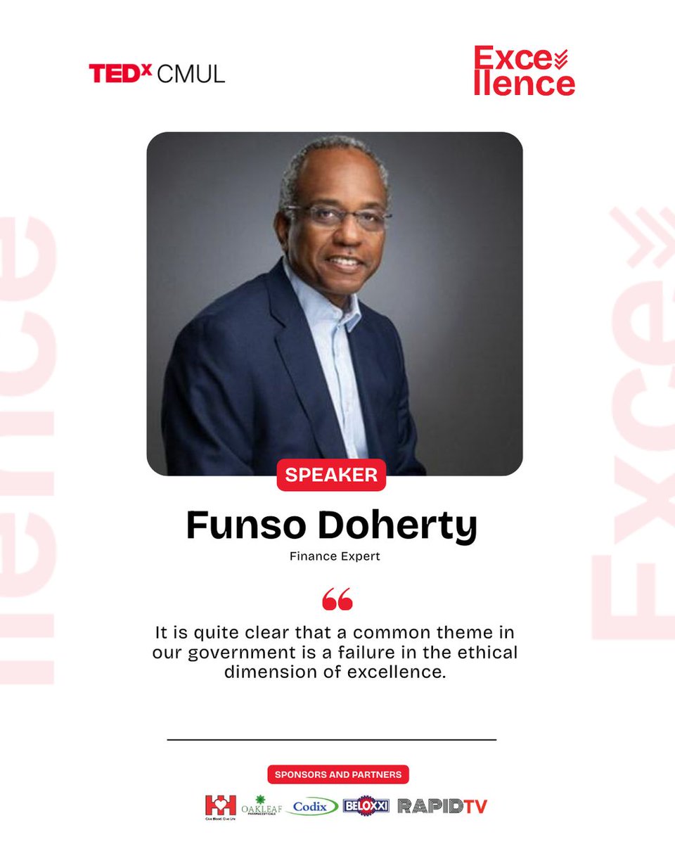 TEDxCMUL's tweet photo. Funso Doherty @funsodoherty took the TEDxCMUL2025 stage with a compelling exploration of excellence, not as a personal achievement, but as a societal standard.

A powerful reflection on what it truly means to build a society where excellence is not the exception, but the norm. https://t.co/8w5YAvLE0m