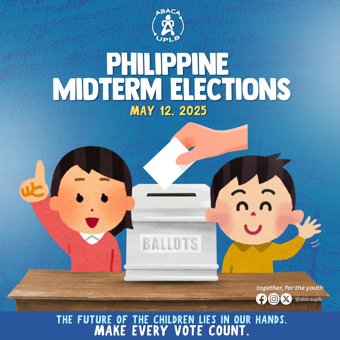 abacauplb's tweet photo. 𝙒𝙝𝙤'𝙨 𝙮𝙤𝙪𝙧 𝙘𝙝𝙤𝙞𝙘𝙚? 🔥

As the midterm elections approach, ABACA-UPLB acknowledges the rights and responsibilities of all Filipino citizens of legal age to vote. It must be emphasized, especially to the youth, that 𝗲𝘃𝗲𝗿𝘆 𝘃𝗼𝘁𝗲 𝗺𝗮𝘁𝘁𝗲𝗿𝘀. https://t.co/oID7Ycu5jv
