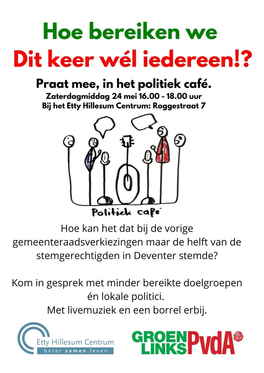 🗳Over minder dan een jaar zijn er weer gemeenteraadsverkiezingen. In Deventer ging de vorige keer slechts 50,9% stemmen. In het politieke café op 24 mei bespreken GroenLinks en PvdA: hoe keren we het tij? Iedereen is welkom!