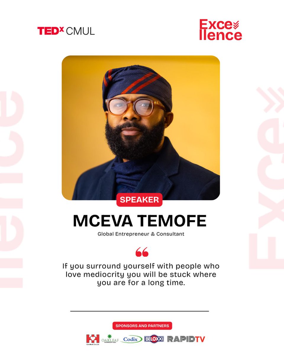 TEDxCMUL's tweet photo. At TEDxCMUL2025, Mceva Temofe @McEvaTemofe delivered a striking call to action: make excellence your standard!

He shared how humility, loyalty and diligence set him apart as an entrepreneur and how the right yes or no can shape your future. 

#TedxCMUL https://t.co/8fZnle6iNg