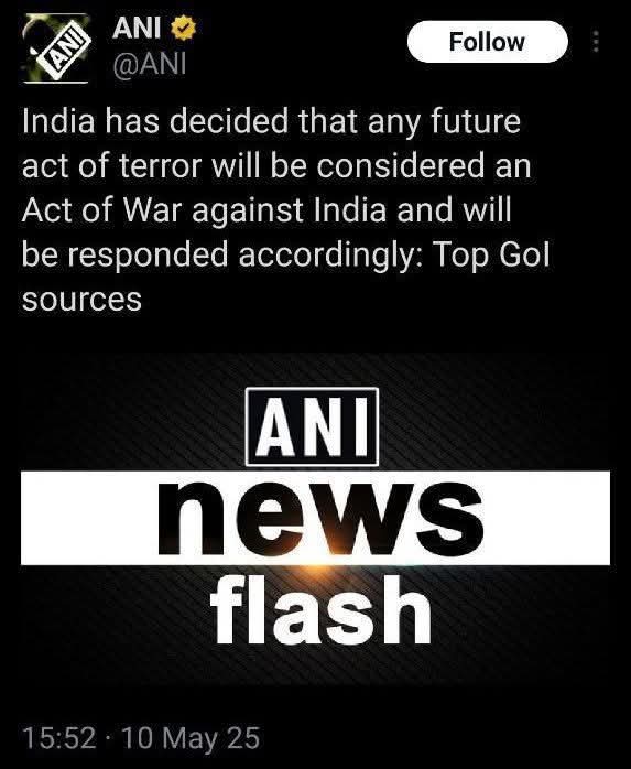भारत सरकार का अहम निर्णय...
अब से कोई भी आतंकवादी हमला सीधे देश के खिलाफ युद्ध माना जायेगा ओर सम्बन्धित पर उसी अनुसार प्रतिक्रिया की जाएगी।
Act of war 

#indianarmy #indiavspakistan #ACT_OF_WAR #actofwar