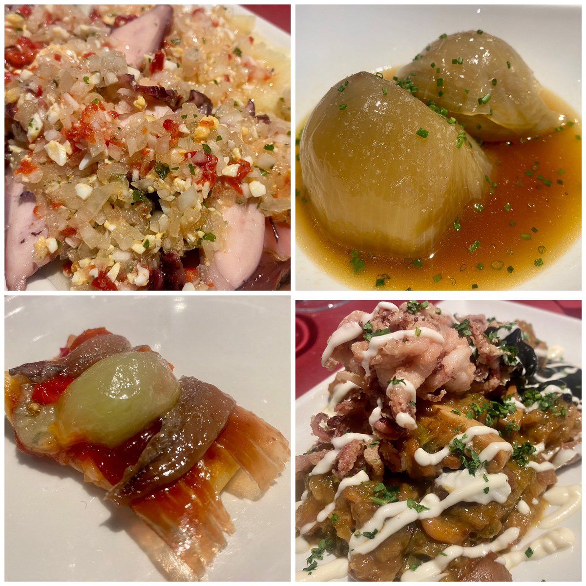 Bonbibendum's tweet image. Salvamos la semana con una cena estupenda en la barra de @RestViavelez: salpicón de pulpo; cebollas rellenas; coca de anchoas con jamón y uvas; un guiso de calamares colosal y sus imprescindibles patatas a la importancia. Arroz con leche y un sorbete de sanguinas de postre.