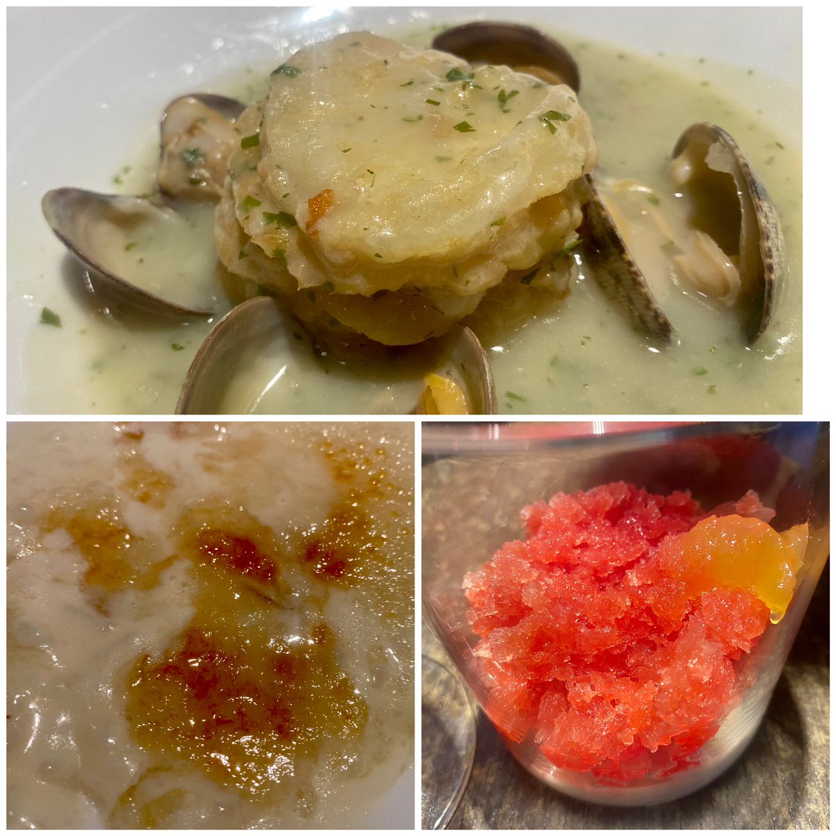 Bonbibendum's tweet image. Salvamos la semana con una cena estupenda en la barra de @RestViavelez: salpicón de pulpo; cebollas rellenas; coca de anchoas con jamón y uvas; un guiso de calamares colosal y sus imprescindibles patatas a la importancia. Arroz con leche y un sorbete de sanguinas de postre.