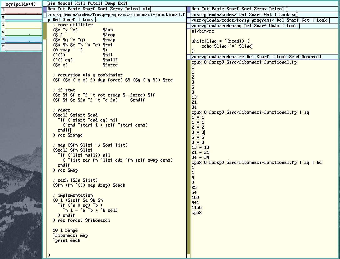 ShannAurelle's tweet image. Back to reviewing rc scripting and forsp9 with a new example. I piped the forsp9 fibonnaci program with a rc shell script 🥰 #9front