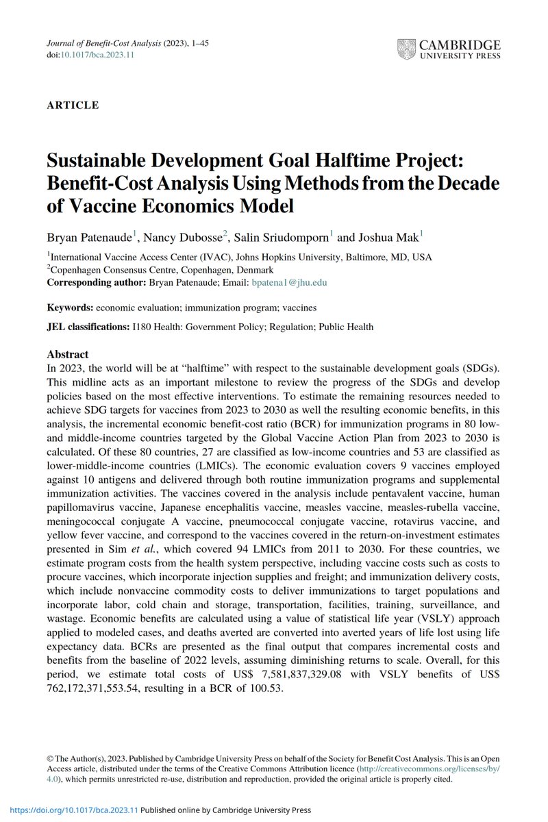 Immunizing kids against measles, rubella, rotavirus etc can save ½ million more lives every year at a cost of just $1.7bn per year.
Each dollar spent delivers $101 social benefits.
Peer-reviewed SDGs research for Copenhagen_CC published by CambridgeUP: 
cambridge.org/core/journals/…