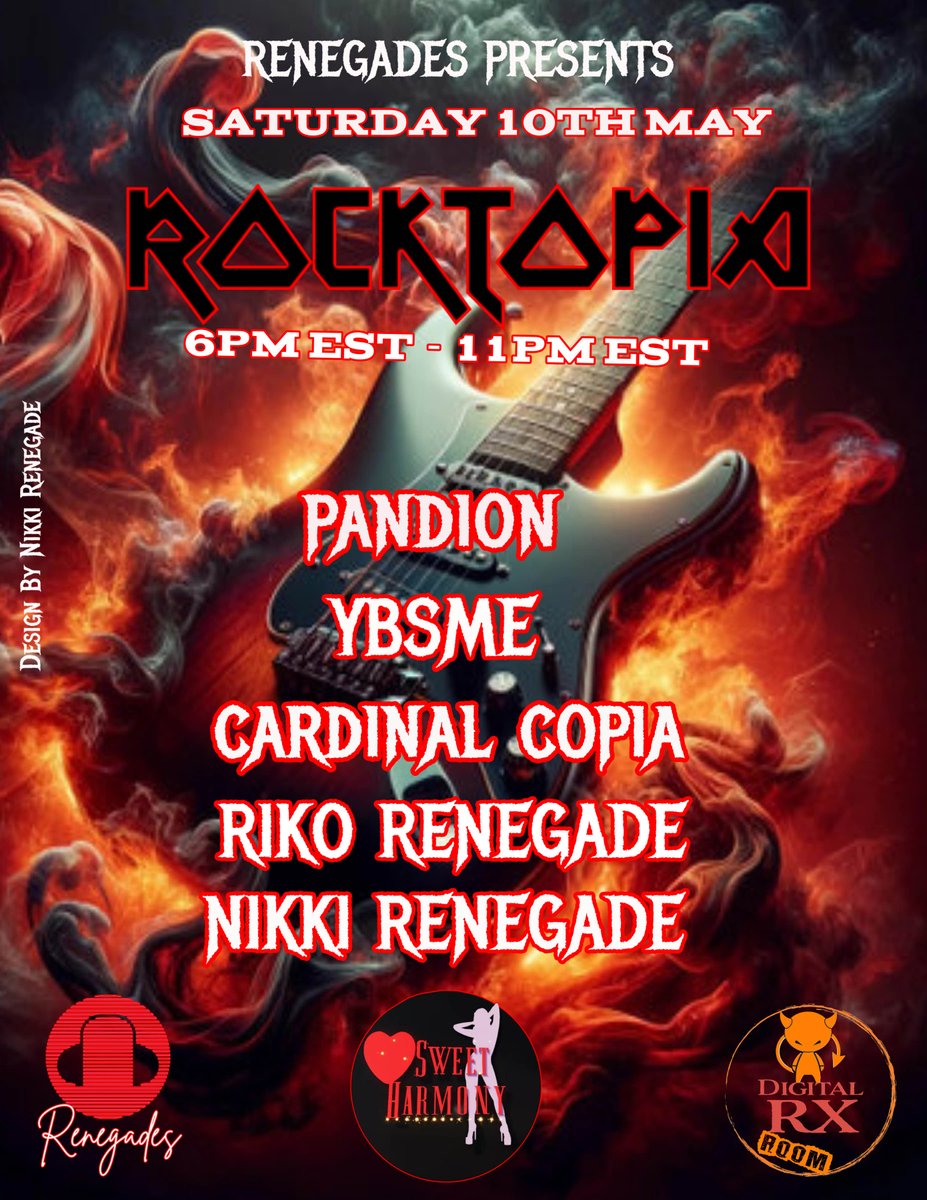 Tonight! Saturday May 10th at 6pm ET/Midnight CET
Renegades Present - Rocktopia!
Hard Rock/Rock/Metal from a killer lineup:
<a href="/pandion3dx/">Pandion3dx</a> , YBSME , <a href="/copia3dx/">CardinalCopia3dx NSFW</a> , RikoRenegade, <a href="/renegade_nikki/">Nikki Renegade 3dx</a> 
AND
Sweet Harmony Dancers!
