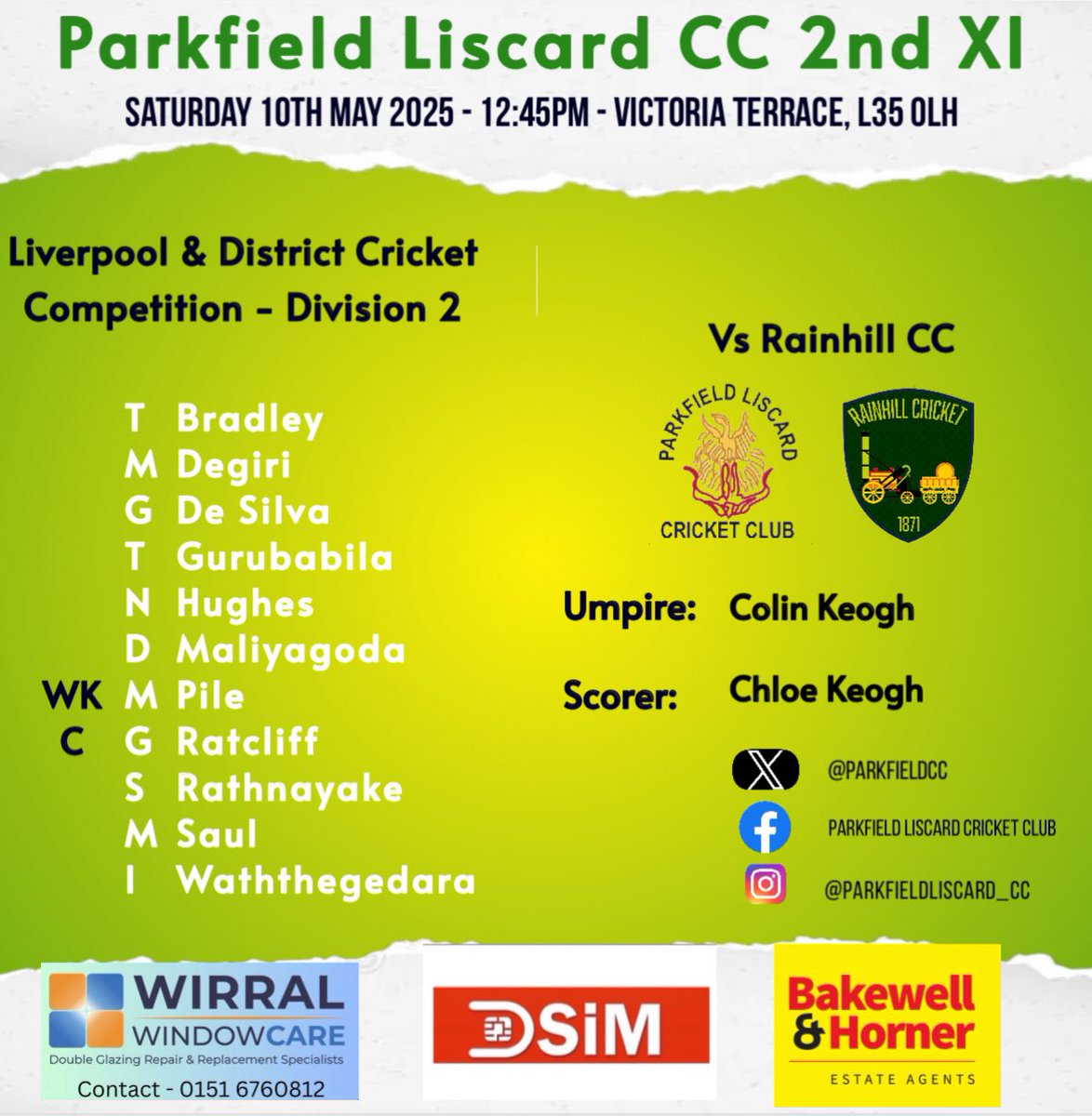 Parkfield Liscard CC (@parkfieldcc) on Twitter photo Today’s team news:
1st XI host <a href="/WhitefieldCC/">Whitefield CC</a> (12pm start)
2nd XI travel to <a href="/RainhillCric/">Rainhill CC</a> (12:45pm start)
Good luck all involved 💚💛 Today’s team news:
1st XI host <a href="/WhitefieldCC/">Whitefield CC</a> (12pm start)
2nd XI travel to <a href="/RainhillCric/">Rainhill CC</a> (12:45pm start)
Good luck all involved 💚💛
