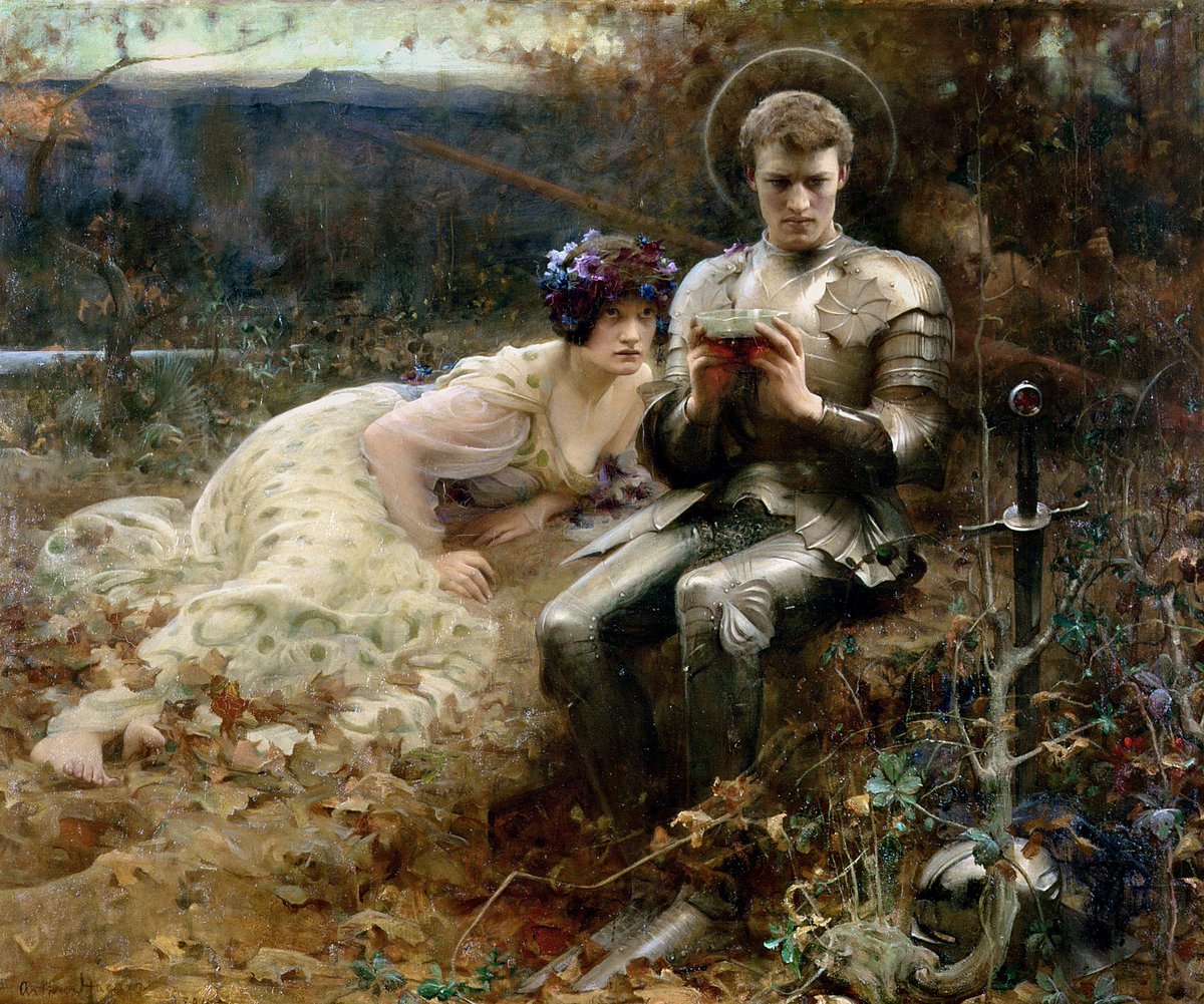 wikivictorian's tweet photo. The Temptation of Sir Percival, by English painter Arthur Hacker (1894). Leeds Art Gallery. https://t.co/Zm6uoknTFO