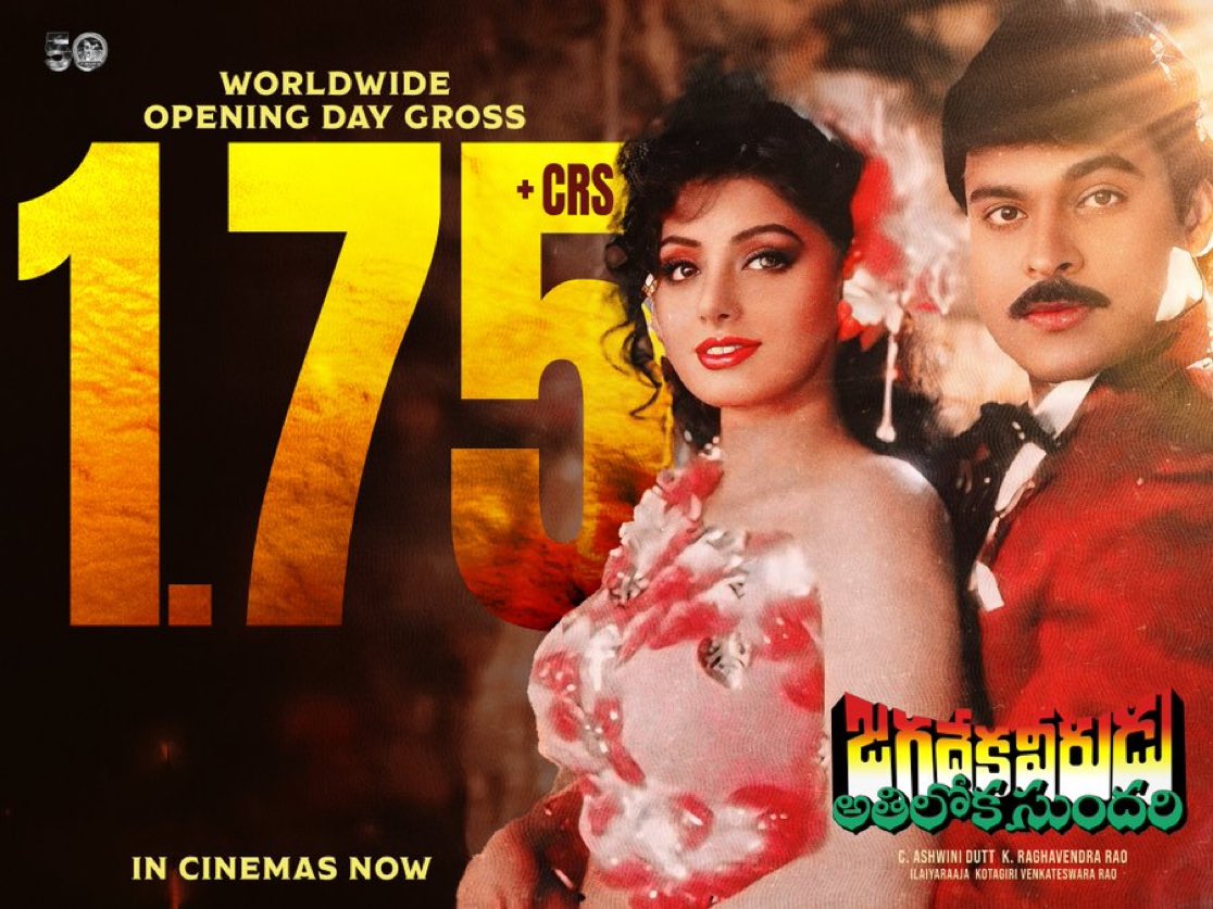 Vishwa0911's tweet photo. #JagadekaVeeruduAthilokaSundari re-release crossed 1.75 CRORES gross worldwide on opening day.
#Sridevi #Chiranjeevi #Brahmanandam #AmleshPuri #Shamlee
@KChiruTweets @VyjayanthiFilms #JVASRerelease #VyjayanthiMovies #Rerelease #BoxOffice https://t.co/noecYQwUIq