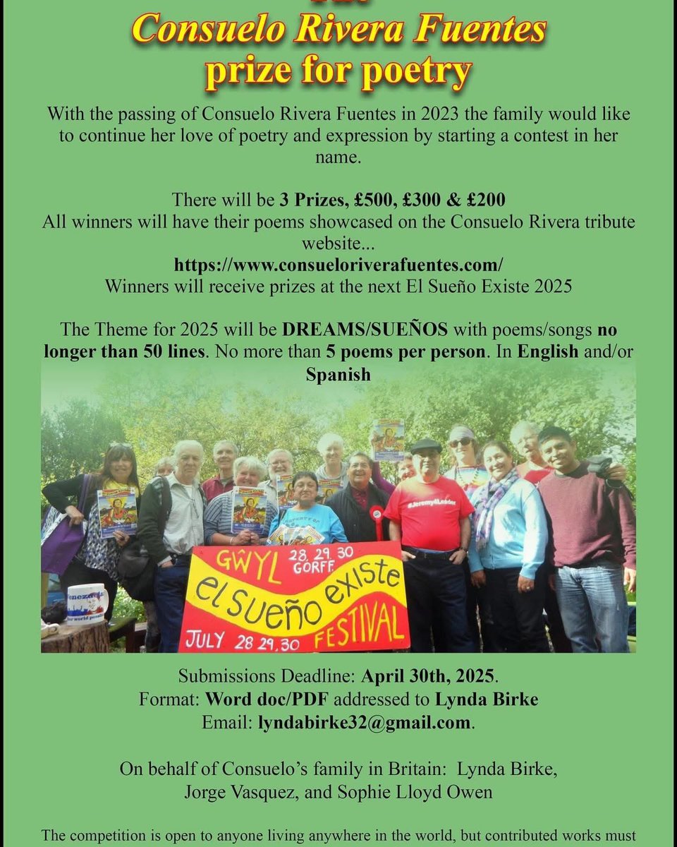 AdamFeinst's tweet image. Entries for the poetry prize in memory of the wonderful Consuelo Rivera-Fuentes have now been extended until May 31, 2025. Entry is free but there are prizes! Poems (or song lyrics) can be in English or Spanish. Full details on this poster (but ignore the earlier deadline!):
