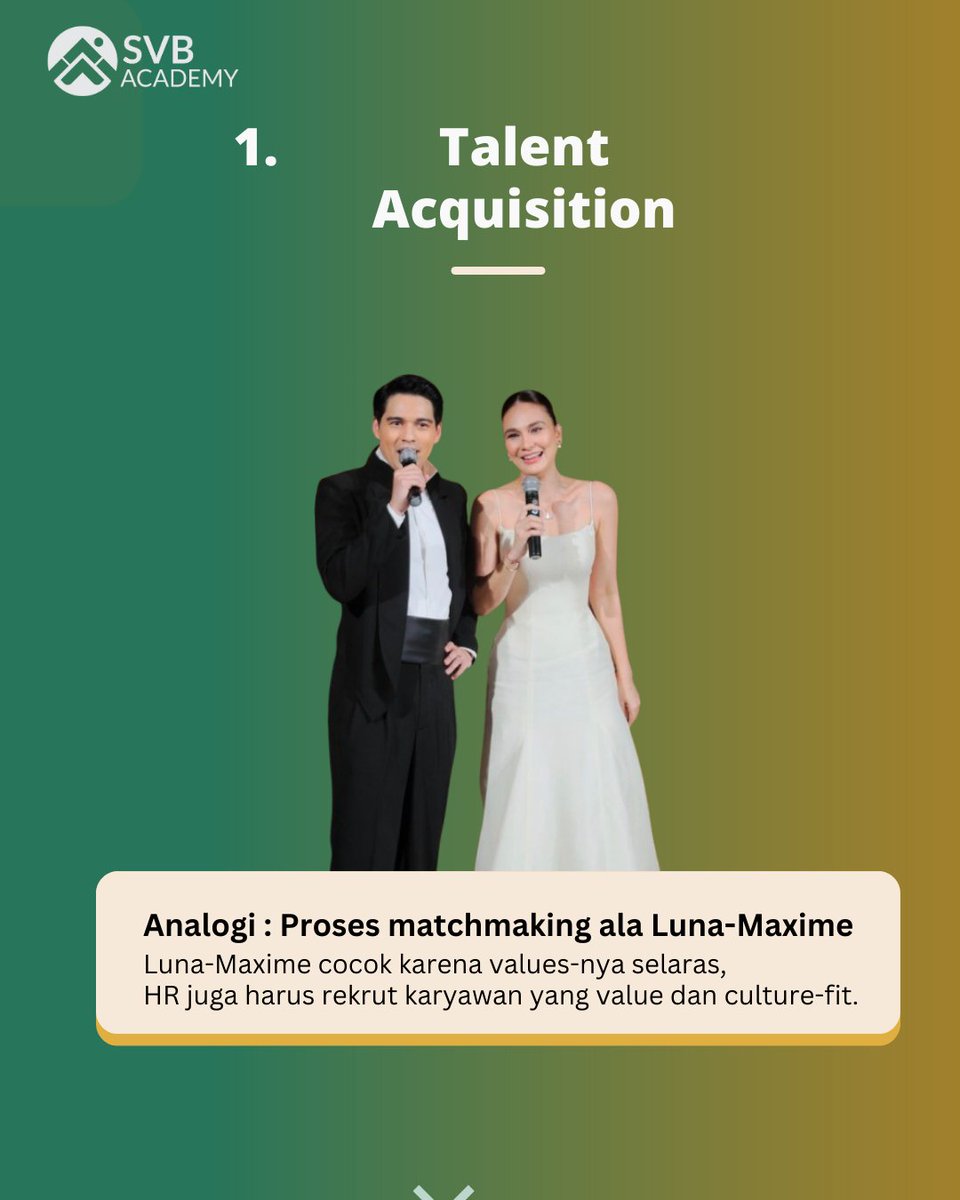 [1/4] Thread: 3 Pelajaran HR dari Pernikahan Luna Maya &amp; Maxime 🧵
Pernikahan mereka lancar karena:
"Matchmaking" yang tepat (nilai &amp; visi selaras)
🔹 Di HR = Talent Acquisition yang fokus pada culture-fit