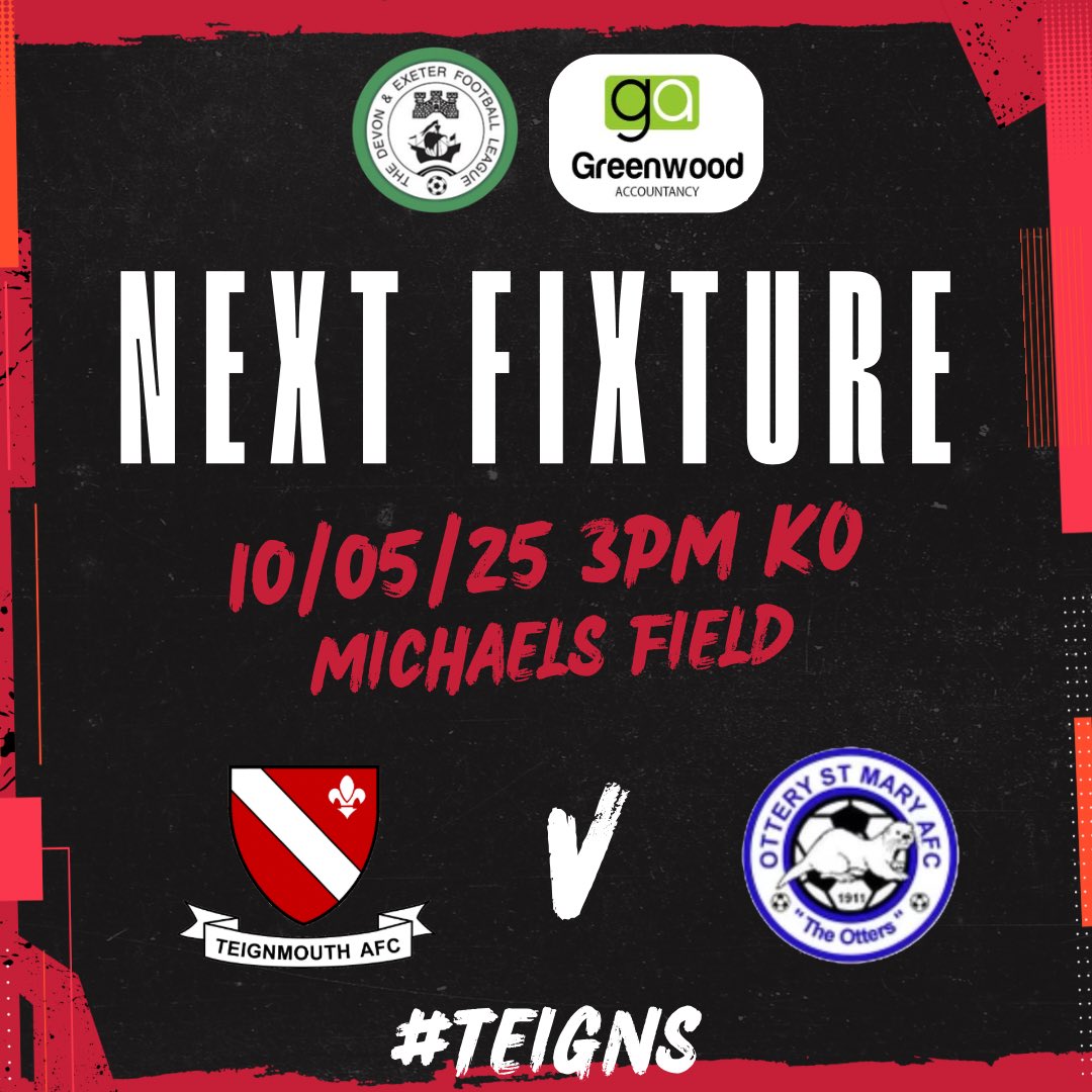 Teignmouth AFC (@teignsfc) on Twitter photo Reserve Team Match Day !
๐ <a href="/DevonExeterLge/">Stitch2Print Devon & Exeter Football League</a>
L ๐ <a href="/OtterystmaryAFC/">Ottery St Mary AFC</a>
L๐Michaels Field, Bishopsteignton
L ๐ 10/05
L ๐ก 15:00 Reserve Team Match Day !
๐ <a href="/DevonExeterLge/">Stitch2Print Devon & Exeter Football League</a>
L ๐ <a href="/OtterystmaryAFC/">Ottery St Mary AFC</a>
L๐Michaels Field, Bishopsteignton
L ๐ 10/05
L ๐ก 15:00
