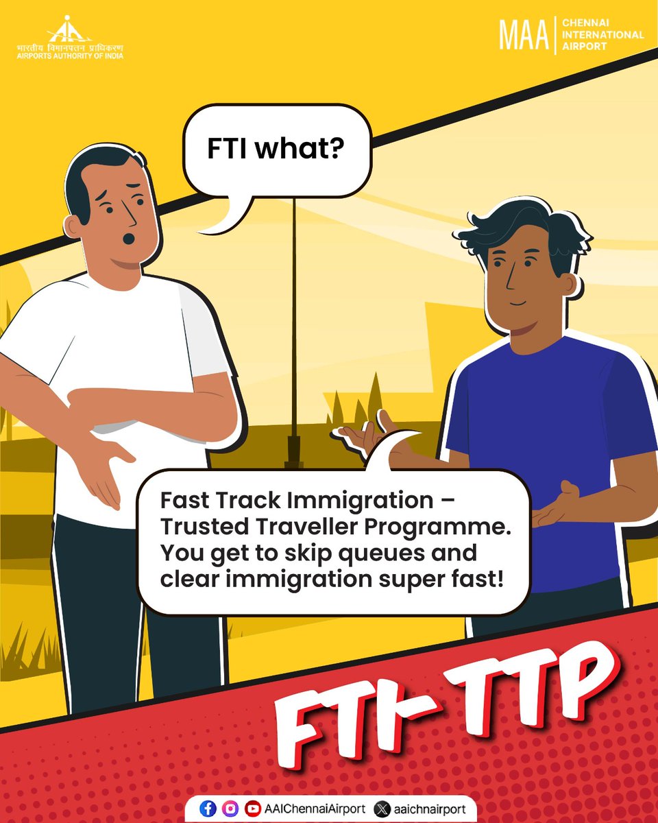 aaichnairport's tweet photo. #TrustedTravellerProgram (FTI-TTP) at #ChennaiAirport offers Indian citizens and OCI card holders a faster, more efficient #immigration clearance at both arrivals and departures, saving valuable time and avoiding long queues.
Enrol now: https://t.co/miGnBAqdPx https://t.co/Dp1qYiB7Np