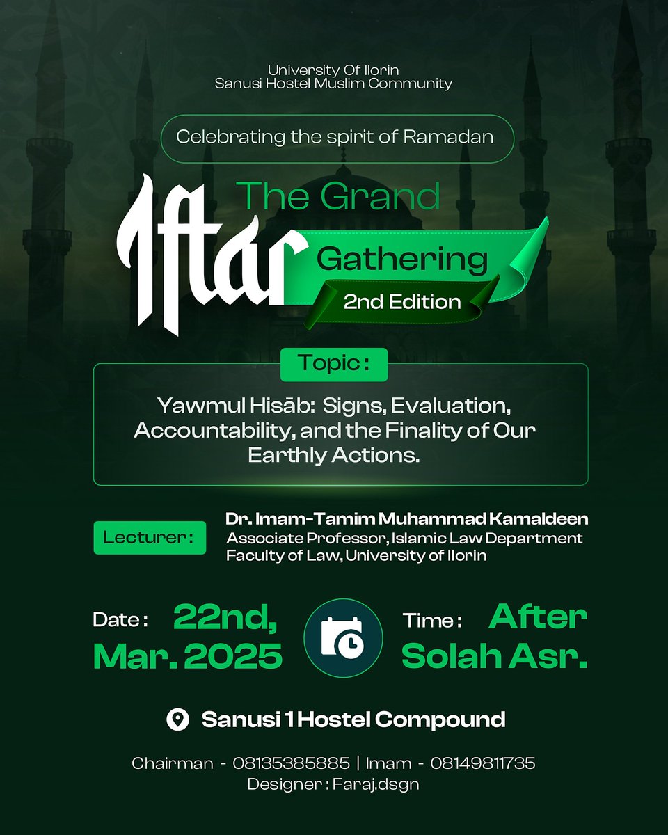 faraj_dsgn's tweet image. A few weeks back, I designed the flyer for Unilorin’s Sanusi Grand Iftar, one of the biggest iftar events on campus. The goal was to create a vibrant flyer that pulls in a crowd and screams the iftar vibes. Need a flyer to make your event pop? DM me, let’s create something epic!