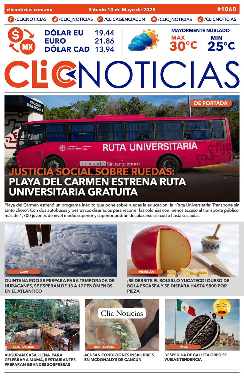 Infórmate ‼️ La portada en un CLIC📰👆🏻
🗓️Sábado, 10 de mayo del 2025 
¡Feliz día de las madres!🤍👩🏻
🌐clicnoticias.com.mx
#LalnformaciónEnUnClic #ClicNoticias
#news #QuintanaRoo #buenosdías #cancún
#goodmorning #QuintanaRoo #ClicNoticias
clicnoticias.com.mx
