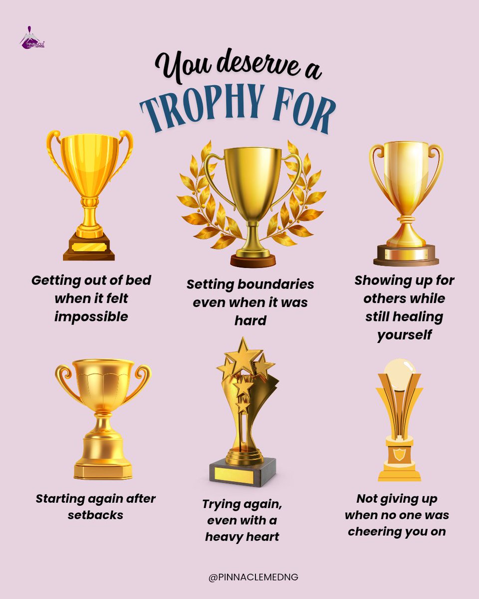 pinnaclemedng's tweet photo. You deserve a trophy. 🏆

For the battles no one sees. For the strength it takes to simply keep going.

Whether it's getting out of bed, setting boundaries, or starting again—you’re doing better than you think.

Keep going, you're not alone. 💛 https://t.co/gET7M3O8ta