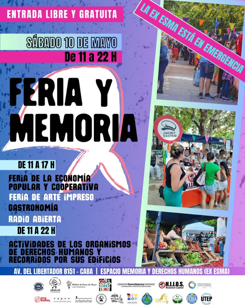 H.I.J.O.S. Capital (@hijos_capital) on Twitter photo Hoy tenemos Feria y Memoria en la ex ESMA
Te esperamos en Av. Del Libertador 8151, <a href="/espacio_memoria/">Espacio Memoria</a>
Entrada gratuita
La ex ESMA está en emergencia
El gobierno de Milei y Villarruel avanza con despidos y vaciamiento de políticas de Memoria, Verdad y Justicia Hoy tenemos Feria y Memoria en la ex ESMA
Te esperamos en Av. Del Libertador 8151, <a href="/espacio_memoria/">Espacio Memoria</a>
Entrada gratuita
La ex ESMA está en emergencia
El gobierno de Milei y Villarruel avanza con despidos y vaciamiento de políticas de Memoria, Verdad y Justicia