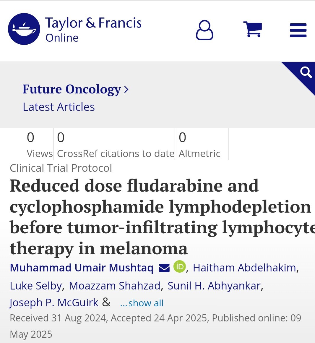 Moazzam Shahzad, MD (@mshahzadmd) on Twitter photo Excited to share our recent publication in <a href="/tandfmedicine/">T&F Medicine & Healthcare</a>, a single-center, open-label phase II pilot trial evaluating the in vivo persistence, efficacy, and safety of #TILtherapy after reduced-dose Flu/Cy LD in melanoma. <a href="/mumairmushtaq/">Muhammad Umair Mushtaq (Abu Mikael)</a> <a href="/MoffittNews/">Moffitt Cancer Center</a>
doi.org/10.1080/147966… Excited to share our recent publication in <a href="/tandfmedicine/">T&F Medicine & Healthcare</a>, a single-center, open-label phase II pilot trial evaluating the in vivo persistence, efficacy, and safety of #TILtherapy after reduced-dose Flu/Cy LD in melanoma. <a href="/mumairmushtaq/">Muhammad Umair Mushtaq (Abu Mikael)</a> <a href="/MoffittNews/">Moffitt Cancer Center</a>
doi.org/10.1080/147966…