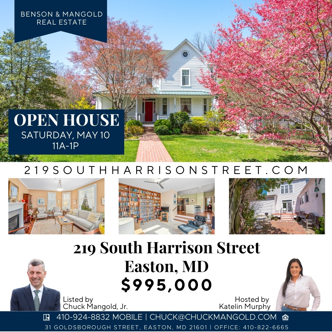 chuckmangold's tweet photo. OPEN HOUSE THIS SATURDAY!
May 10 from 11a-1pm

219 South Harrison Street
Easton, MD

Chuck Mangold, Jr. | 410.924.8832
Associate Broker
Benson &amp; Mangold Real Estate
Office. 410.822.6665
31 Goldsborough Street
Easton, MD 21601
https://t.co/Zalt2ZH7gE
#listwiththeleaders https://t.co/4A1bAEtMPr