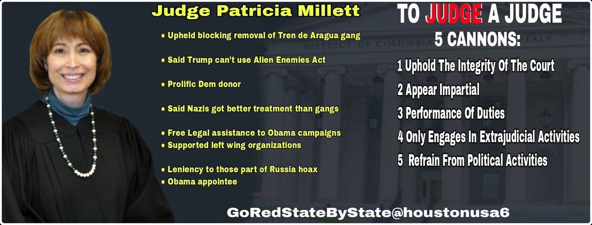 GaUnite's tweet image. It is time to start filing complaints against the rogue judges. Judge Patricia Millett is an Obama appointee dedicating her position to stop Trump's deportation of illegal aliens. #File a complaint, the form is part of this thread #GoRedStateByState