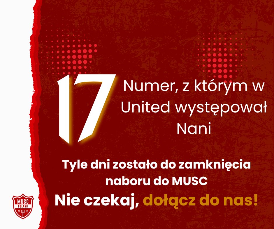 #Odliczamy czas do końca naboru do MUSC. Macie 17 dni na dołączenie.

Z tym numerem w United grało 10 piłkarzy. Kogo oprócz Naniego pamiętacie z tego numeru na plecach?

Nie zwlekajcie, wejdźcie w link: musc.pl/dolacz-do-nas/ i wstąpcie w szeregi MUSC!