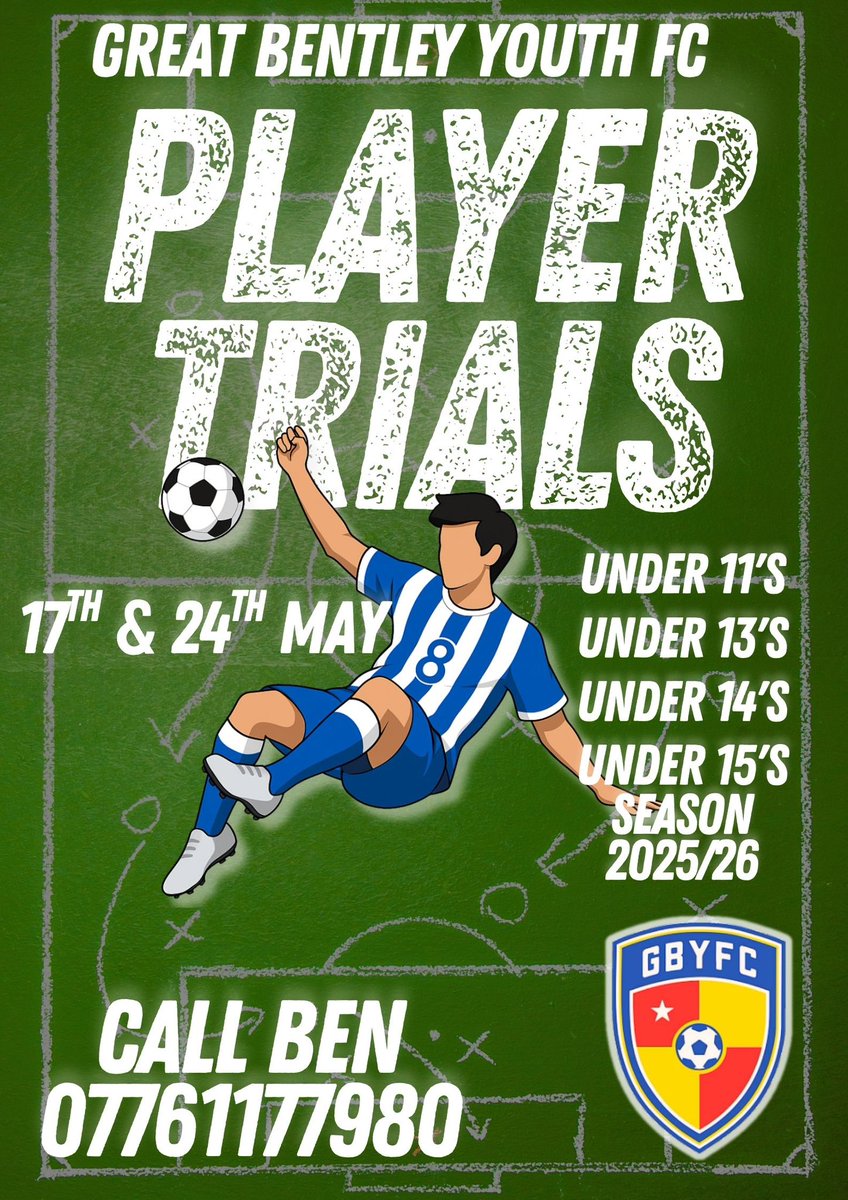 We have some player trials coming up for various age groups. Please get in touch with Ben on 07761 177980.
