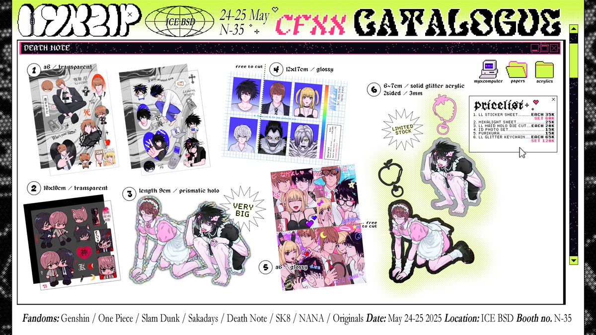 myxzip's tweet photo. [❤️&amp;🔃 appreciated!] ―୨୧⋆ ˚
🎀 𝓶𝔂𝔁.𝔃𝓲𝓹's #CFXX OTS Catalog 🎀

✦ Booth N-35 (2 days)
✦ Slam Dunk, Death Note, Sakamoto Days, NANA, Sk8, Genshin Impact, One Piece, Originals
🏷️ #cf20 #cf20catalogue #cfxxcatalogue #cf20catalog #cfxxcatalog https://t.co/OT3qcCjkZM