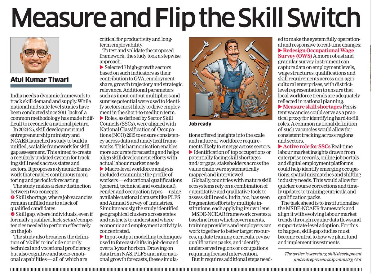 In an exclusive column for The Economic Times, Shri Atul Kumar Tiwari, Secretary, Ministry of Skill Development and Entrepreneurship, outlines the need for a unified, dynamic national framework to track and forecast skill demand across India.

With the MSDE-NCAER framework, the