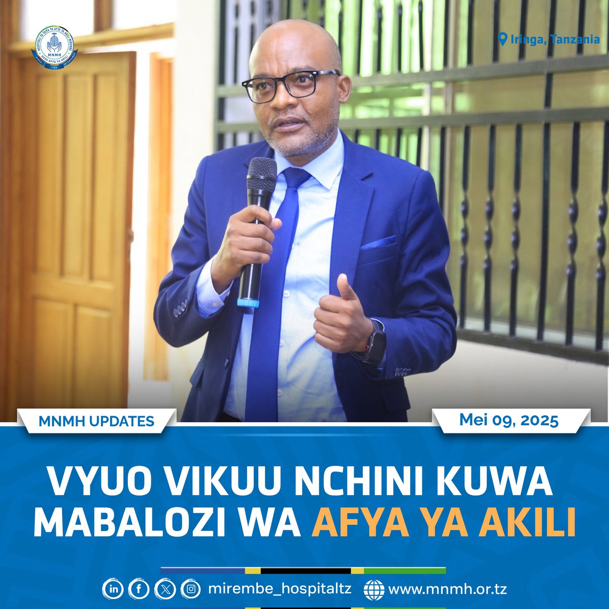 Mirembe_hosptz's tweet photo. Mkurugenzi Mtendaji wa MNMH, Dkt. Paul Lawala, amevitaka vyuo vikuu kuwa mabalozi wa afya ya akili, akizungumza UoI &amp; RuCU wakati wa kampeni ya Afya ya Akili ni Afya Mkoani Iringa.
🎖️ UoI yatunukiwa tuzo ya mchango wa kitaaluma!
#AfyaYaAkiliNiAfya #MentalHealthAwarenessMonth https://t.co/sUXewFiKaN