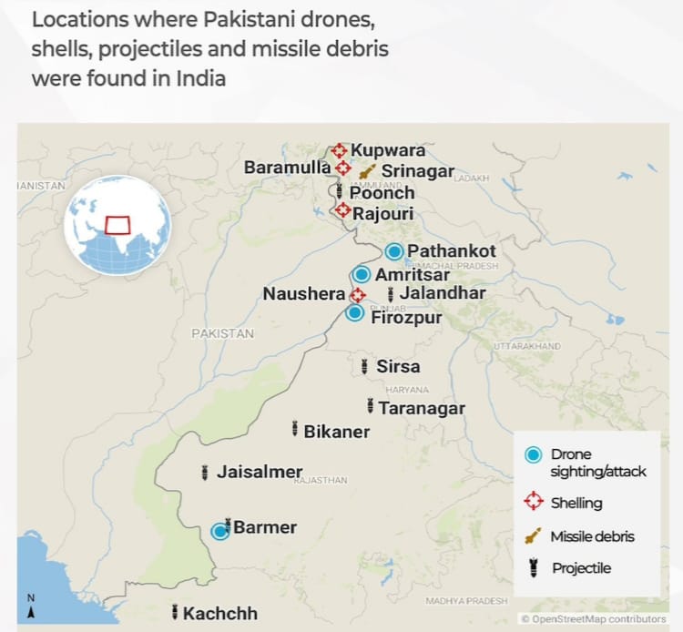 UpendrraRai's tweet photo. For #GraphicalRepresentation - India effectively countered multiple drone and missile attacks launched by #Pakistan across 16 locations along the western front. #OperationSindoor https://t.co/1LqOAcdqqF